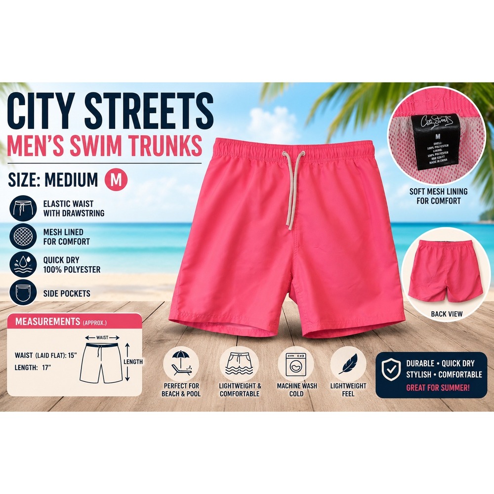 City Streets Mens Pink Swim Trunks Mesh Lined Quick Dry Shorts Medium